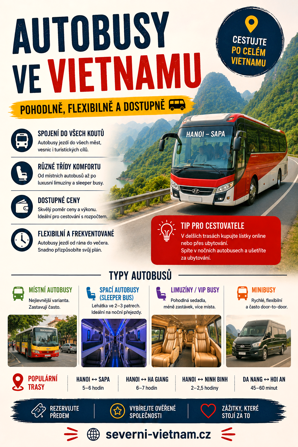 Cestování autobusem a minivany ve Vietnamu – sleeper busy, VIP kabiny a minivany