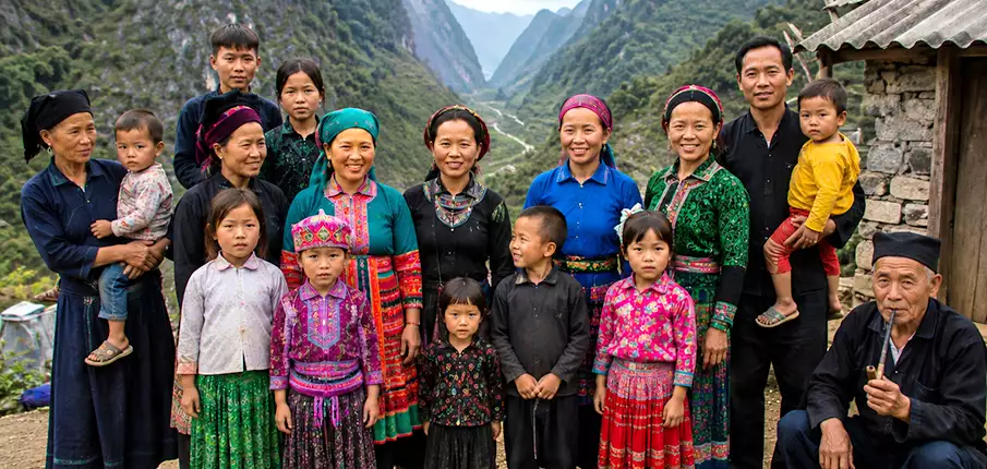 Rodina etnické menšiny Ha Giang Vietnam – tradiční život v horách Rodina etnické menšiny Hmong v Ha Giang Vietnam tradiční kroje život v horské vesnici
