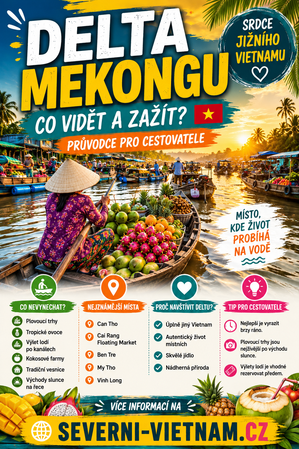 Delta Mekongu ve Vietnamu – průvodce, plovoucí trhy a tipy na výlety Delta Mekongu ve Vietnamu – plovoucí trhy Cai Rang, výlety lodí, tropické ovoce, Ben Tre, Can Tho a praktické tipy pro cestovatele