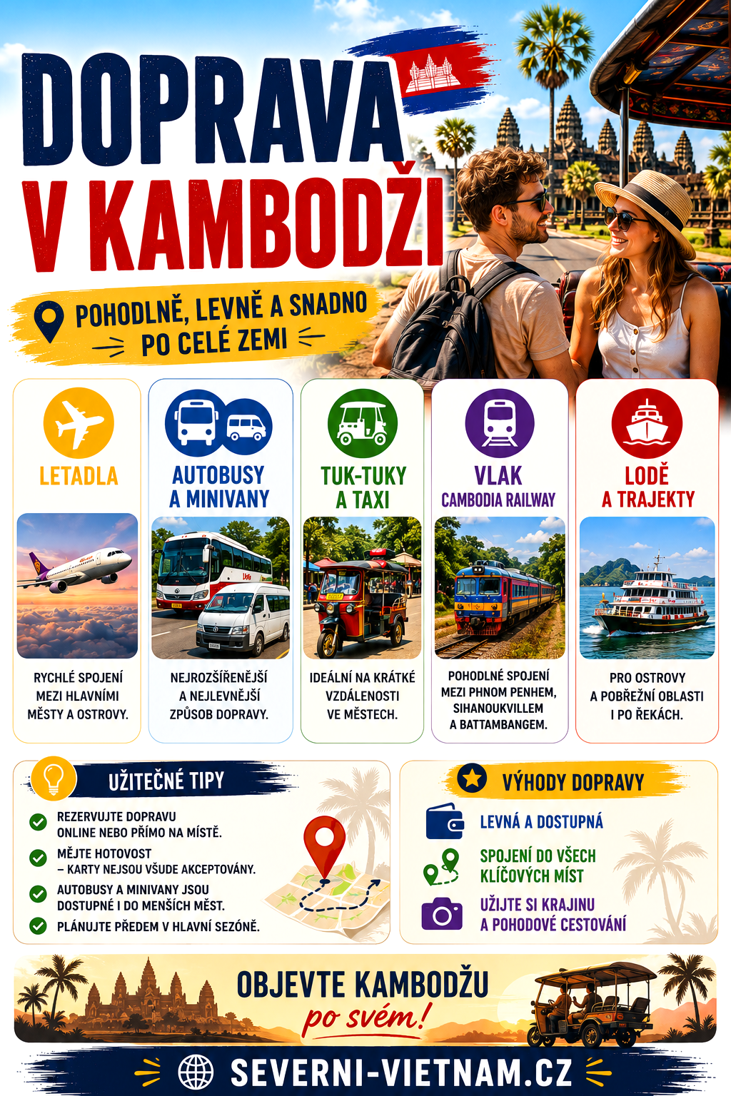 Doprava v Kambodži – autobusy, minivany, vlaky, trajekty a letecké spoje Doprava v Kambodži – přehled dopravy po Kambodži včetně autobusů, minivanů, vlaků Cambodia Railway, trajektů, tuk-tuků a letadel