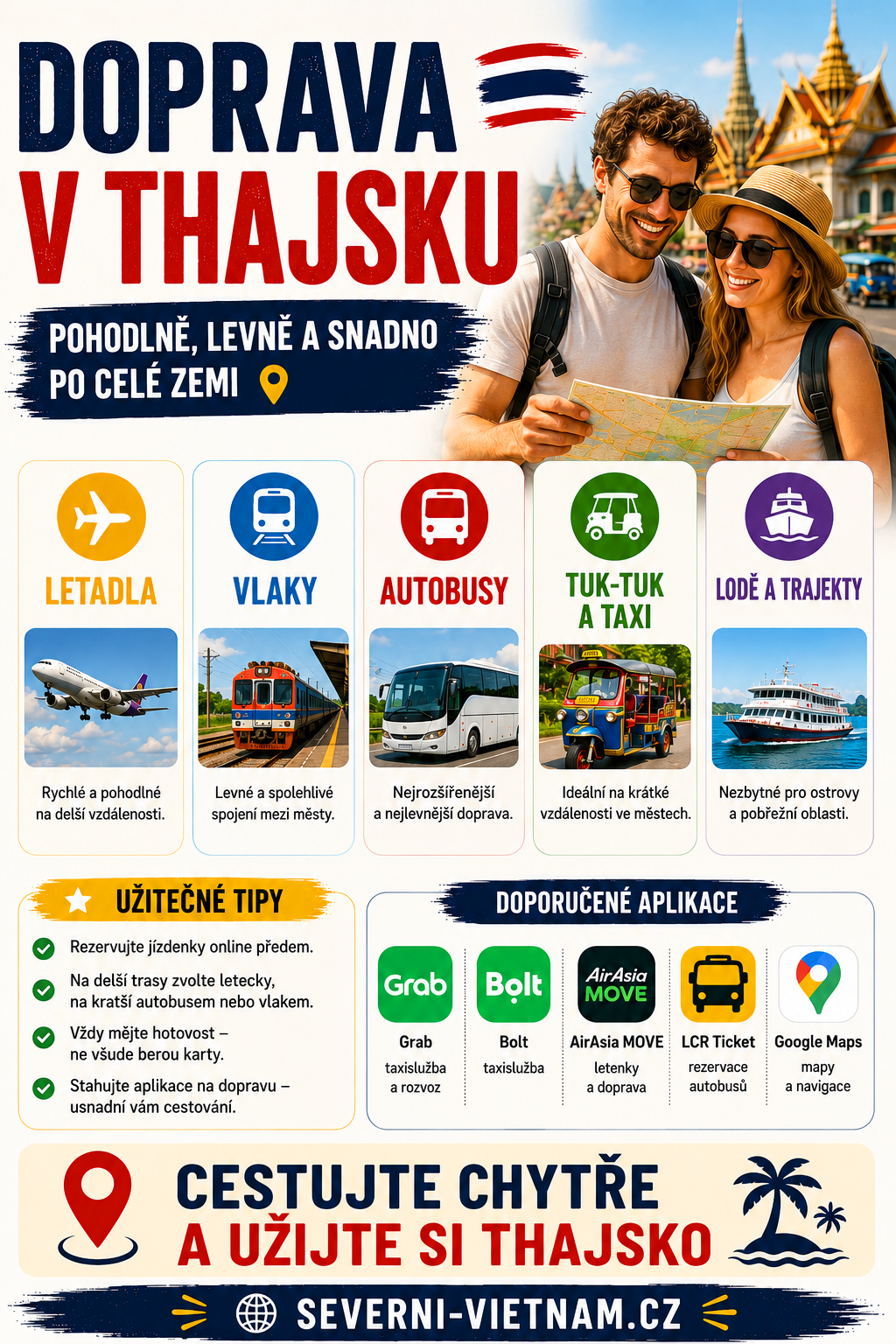 Doprava v Thajsku – vlaky, autobusy, trajekty, taxi a letecké spoje Doprava v Thajsku – přehled dopravy po Thajsku včetně vlaků, autobusů, minivanů, taxi, Grabu, trajektů a letadel